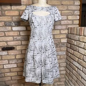 RICKIE FREEMAN FOR TERI JON metallic silver gray jacquard box pleat dress